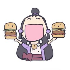 a woman holding two hamburgers in one hand and an open mouth on the other