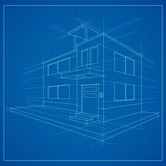 a blueprint drawing of a house with the front door open and windows on each side