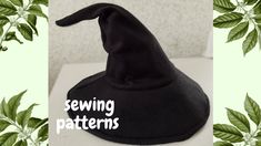 a black witches hat with the words sewing patterns on it and leaves in the background