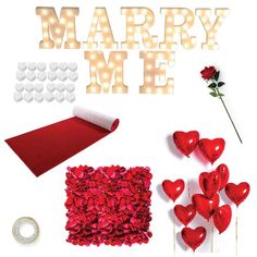 a valentine's day party with red and white decorations, balloons, lights and paper hearts