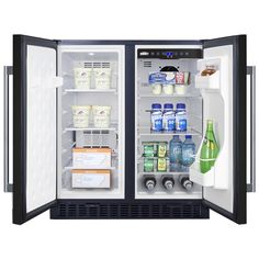 an open refrigerator with drinks and beverages in it