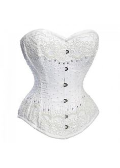 CQ- 404 - White Beaded Hand Embroidery On White Satin Over 60 - 40 Lcae Authentic Steel Boned Overbust Corset Authentic Wedding