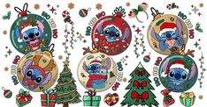 three christmas ornaments with cartoon characters on them and presents in front of the tree, surrounded by holiday decorations