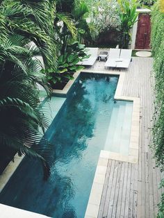 an outdoor swimming pool surrounded by greenery and wooden decking, with lounge chairs on the side