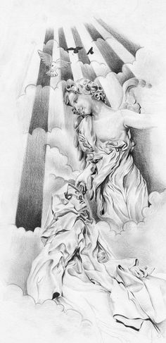 a pencil drawing of an angel with doves in the sky and clouds behind it