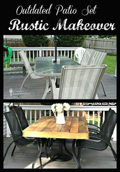 an outdoor patio set with wooden table and chairs, in the middle of two photos