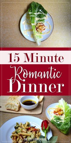 the cover of 15 minute romantic dinner, with different plates and bowls filled with food