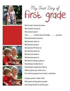 the first day of first grade is in red and white with pictures of two children