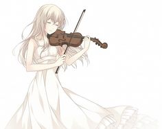 a girl in a white dress holding a violin