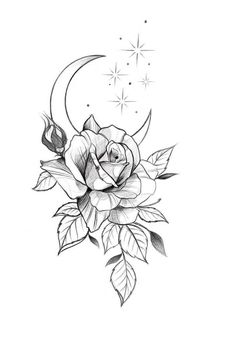 a black and white drawing of a rose with the moon in the sky behind it