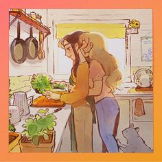 two people standing in a kitchen preparing food