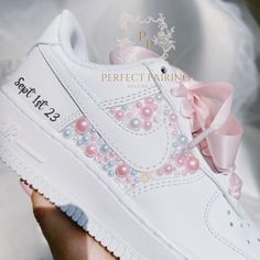 Custom Name And Date Swarovski And Pearls On The Outside Choose Your Font And Bundle A Laces For $5 Nike Wedding, Sneakers For Bride, Wedding Bride Shoes, Wedding Sneakers For Bride, Bride Sneakers, Personalized Sneakers, Unique Wedding Shoes, Pearl Wedding Shoes, Bridal Sneakers