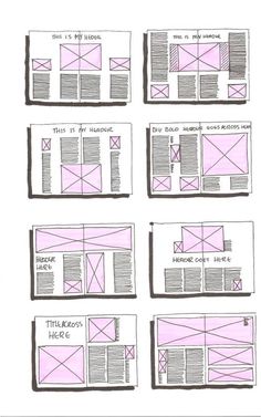 six different types of web pages are shown in pink and black ink on white paper