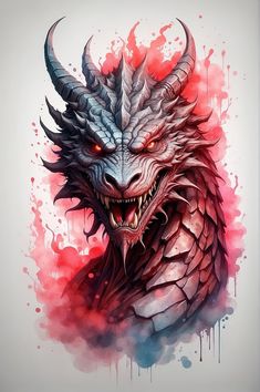 a watercolor painting of a dragon with red eyes