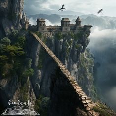 an image of a castle on top of a mountain with birds flying over it in the sky