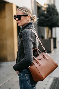 Cognac Handbag, Givenchy Handbags, Givenchy Antigona, Blogger Street Style, Grey Turtleneck Sweater, Givenchy Bag, Blonde Woman, Brown Purse, Fashion Jackson