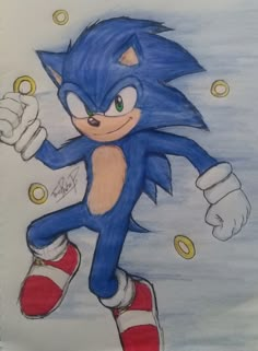 a drawing of sonic the hedgehog running with his feet up and one foot in the air