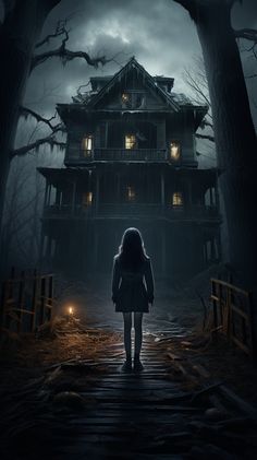 a woman standing in front of a creepy house