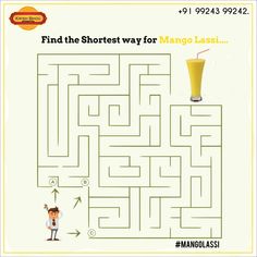 a maze with a man and a drink on it that says find the shortest way for mango lassi