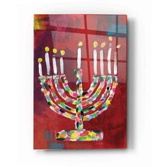 a painting of a menorah with lit candles on it's side, against a red background