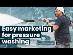 a man holding a baseball bat in front of a car with the words easy marketing for pressure washing