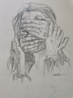 a drawing of a person covering their face with their hands while looking at the camera