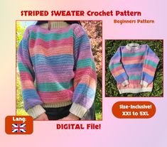 the sweater is knitted in different colors and sizes, including pink, blue, green, yellow, and white