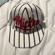 Adult Size White And Navy Striped Disney Mickey Hat With Mickey In Red Cursive Mickey Hat, Disney Hat, Disney Hats, Disney Accessories, Vintage Disney, Navy Stripes, Disney Mickey, White Blue, Blue And White