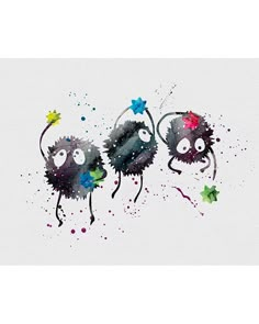 two black and white animals are in the watercolor paint splattered on paper