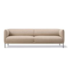 a beige couch with black legs on a white background and a light colored fabric upholstered back