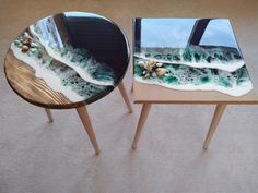 two side tables with seashells on them