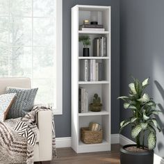 a living room with a white bookcase and potted plant in the corner next to it