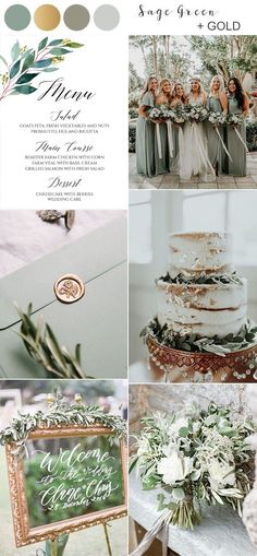 a collage of photos with green and white wedding colors, including greenery on the table