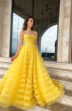 Modern Prom Dresses, Yellow Prom Dresses, Teuta Matoshi, Yellow Prom, Prom Dresses Yellow, Sun Yellow, Exquisite Gowns, Custom Size Dresses, Floor Length Skirt