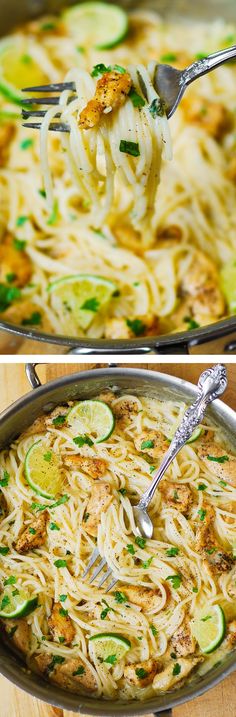 two pictures showing the process of making pasta with chicken and zucchini in a skillet