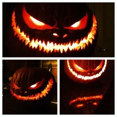 three pictures of carved pumpkins with glowing eyes and mouth, all in different angles