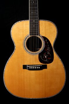 an acoustic guitar is shown against a black background