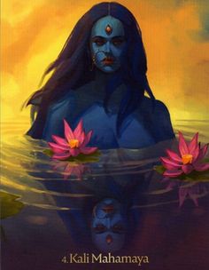 the avatar of lord maha is reflected in water with pink lotuses on it and an orange sky behind