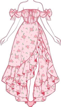 a drawing of a woman in a pink dress with flowers on it's skirt