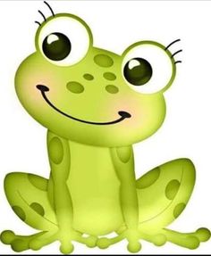 a green cartoon frog with big eyes and a smile on it's face, looking at the camera