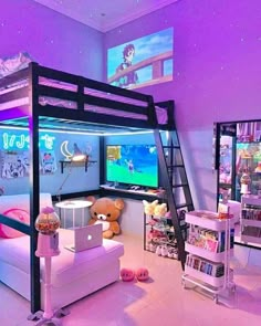 a bedroom with bunk beds and purple walls