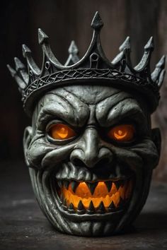 an evil mask with glowing orange eyes and a crown on it's head is shown