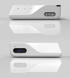 the back and side view of an electronic device with its reflection on the surface, in white