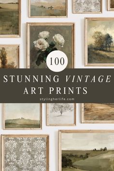 the words, 100 stunning vintage art prints are displayed in front of a white wall