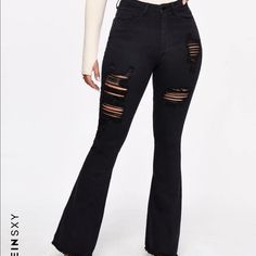 Hight Waist Flared Jeans Casual Club Bottoms With Zipper Closure, Fitted Casual Jeans For Club, Edgy Black Jeans For Night Out, Brown Shirt Outfit, Ripped Flare Jeans, White Wide Leg Jeans, Black Flare Jeans, Shein Jeans, Printed Flare Pants