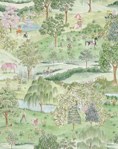 a painting of people and animals in a green field with trees, flowers, and water