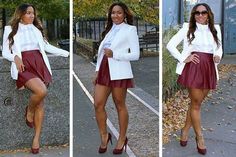 White blazer, white shirt and burgundy mini skater skirt with burgundy heels.. Be fashionably late Skater Skirt Outfit, Blazer Top, Burgundy Heels, Mini Skater Skirt, Burgundy Skirt, Trendy Outfit, Diva Fashion, White Blazer, Fashion Books