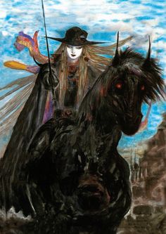 a woman riding on the back of a black horse next to a man in a hat