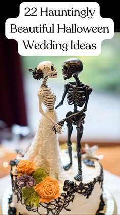 Skeleton wedding cake topper on a spooky Halloween-themed wedding cake. Halloween Wedding Inspiration, Gothic Cake Topper Wedding, Wedding Skull Decorations, Skeleton Cake Topper, Gothic Halloween Wedding Ideas, Halloween Wedding Dessert Table, Dark Wedding Cake Ideas, Spooky Elegant Wedding, Halloween Themed Wedding Cakes