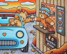 a painting of a blue car parked in front of a building with teddy bears on it